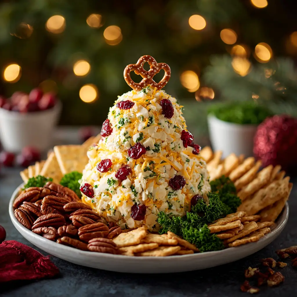 A close-up view of the savory Christmas Tree Cheese Ball, showing the texture of the parsley and pecan coating.