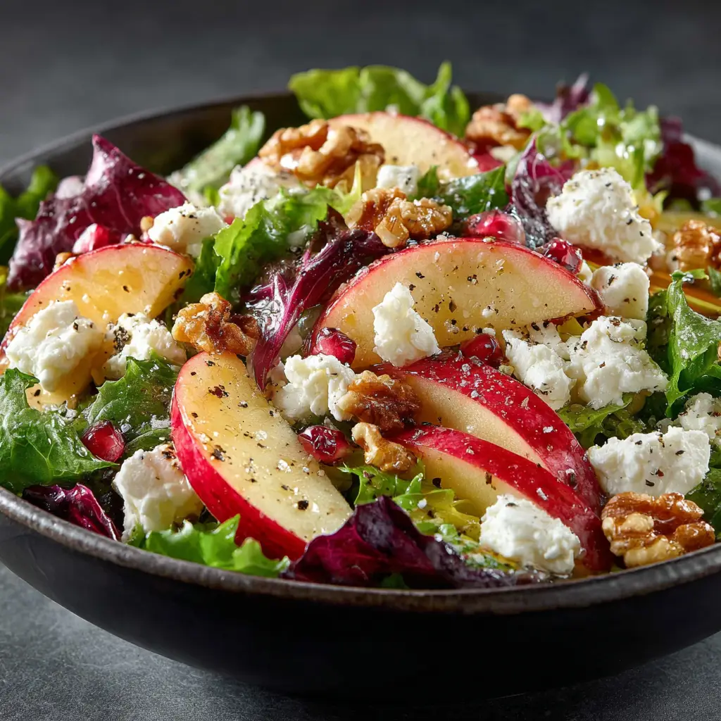 Apple Feta Salad with a Zesty Honey Vinaigrette 1 A finished serving of the Apple Feta Salad on a plate, drizzled with honey vinaigrette and ready to eat. The salad looks crisp, vibrant, and delicious.