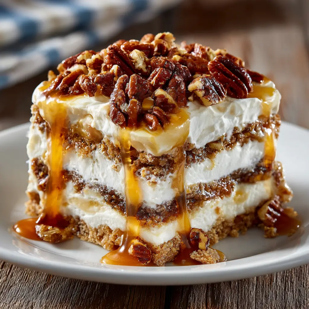 The completed Pecan Pie Lasagna in a glass baking dish, topped with whipped cream, a generous caramel drizzle, and a scattering of toasted pecans.
