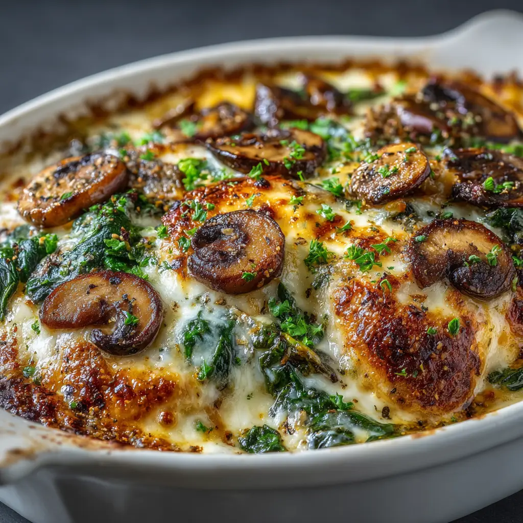 A close-up shot of the finished keto chicken casserole in the baking dish, showing the melted cheese and crispy bacon bits.