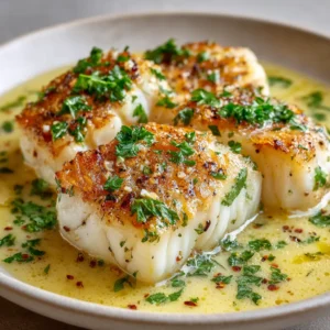 Glistening baked cod fillets in a creamy lemon coconut sauce, fresh out of the oven in a baking dish. The focus is on the flaky texture of the fish.