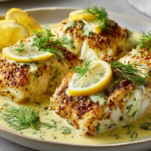 A close-up shot of a perfectly baked cod fillet being flaked with a fork to show its moist and tender interior. The fillet is seasoned and glistening.