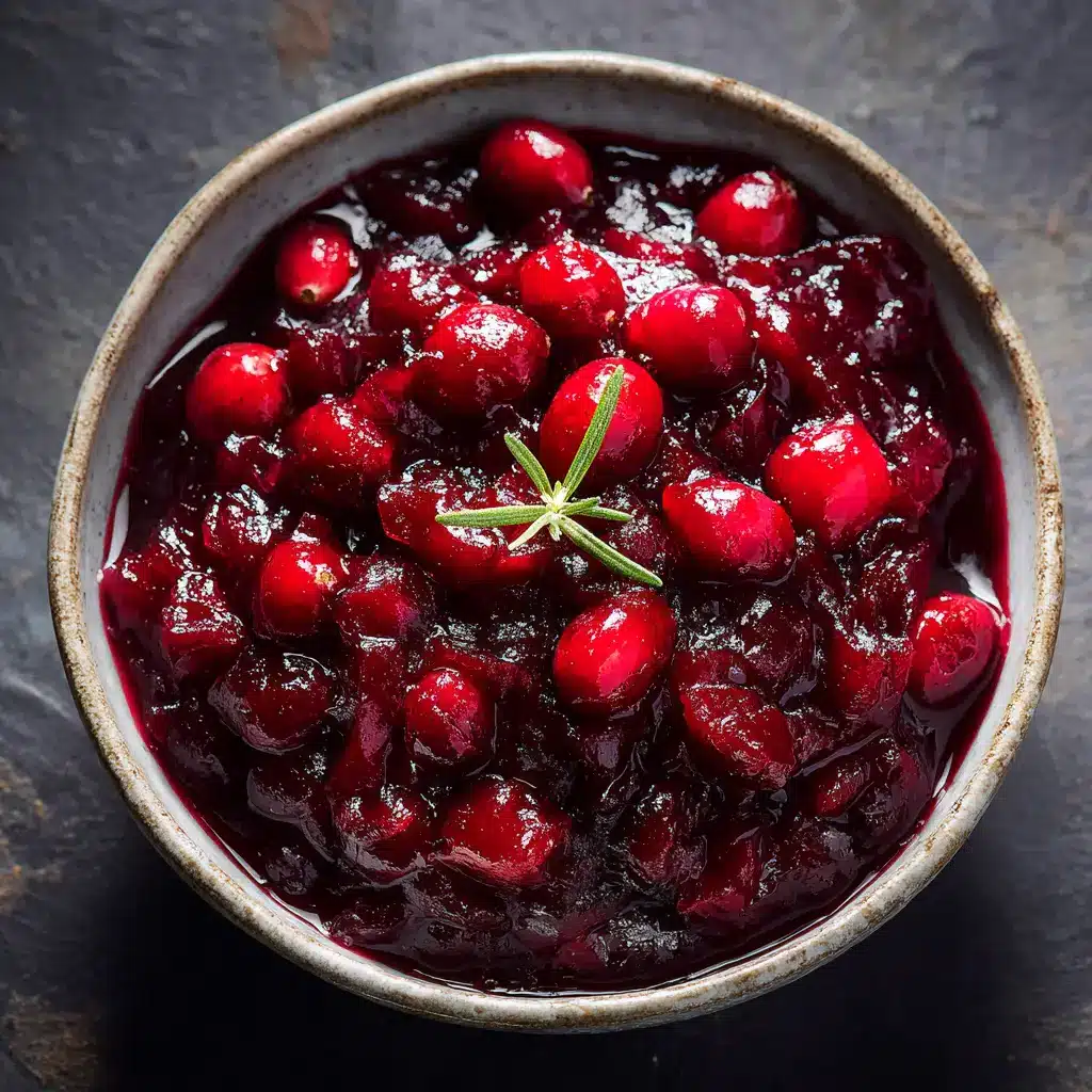 A close-up overhead shot of homemade whole berry cranberry sauce simmering in a saucepan.