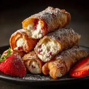 A stack of freshly fried dessert egg rolls with a creamy cheesecake filling, ready to be served.
