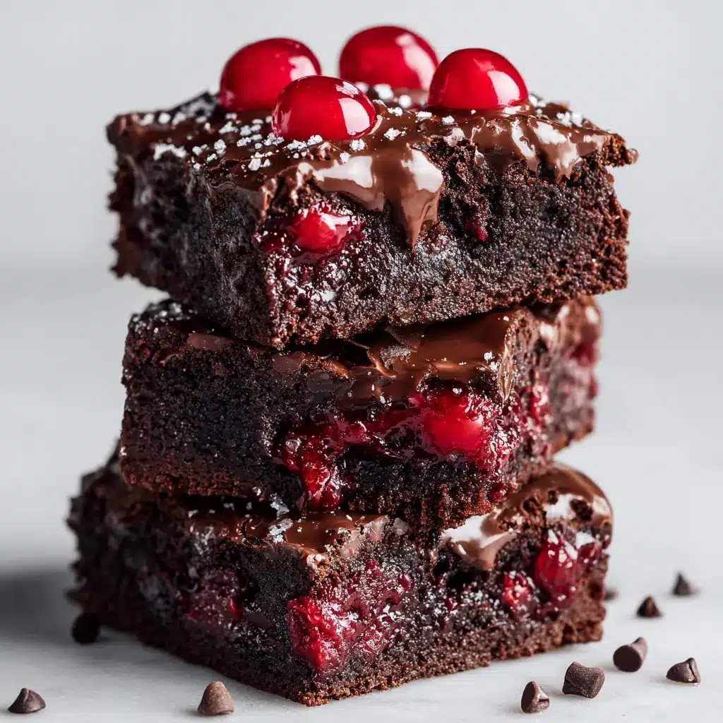 A close-up shot of a single fudgy cherry brownie being lifted, showing the gooey, melted chocolate interior and a whole cherry.