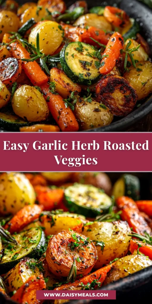 A top-down view of a large white bowl filled with colorful Garlic Herb Roasted Vegetables, including broccoli, carrots, and peppers. The vegetables are perfectly caramelized and ready to serve.