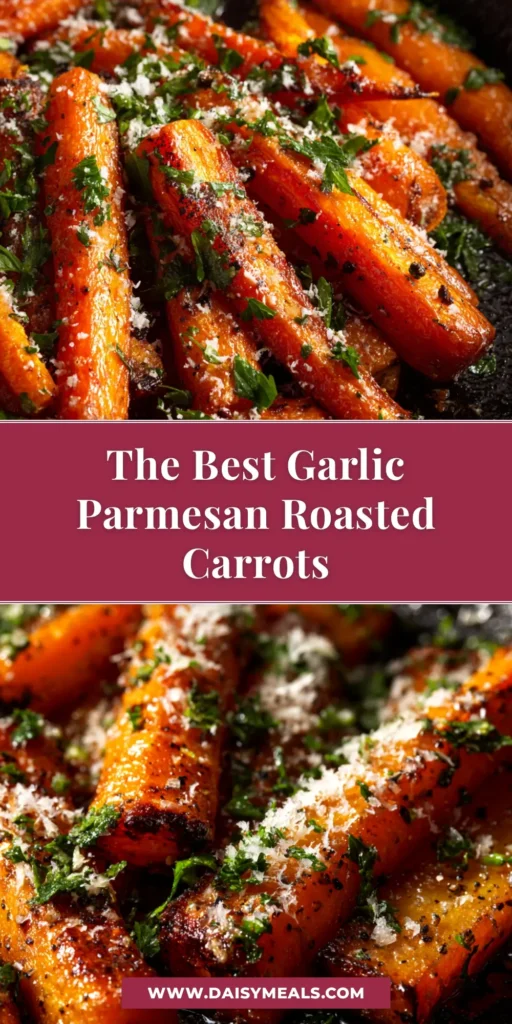 A top-down view of perfectly crispy garlic parmesan roasted carrots on a baking sheet, garnished with fresh parsley. The perfect easy side dish recipe.
