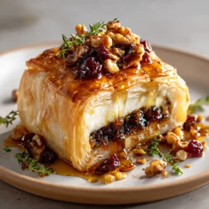 A close-up of a rectangular brie en croute, showing the golden, flaky layers of the puff pastry crust before it's served.
