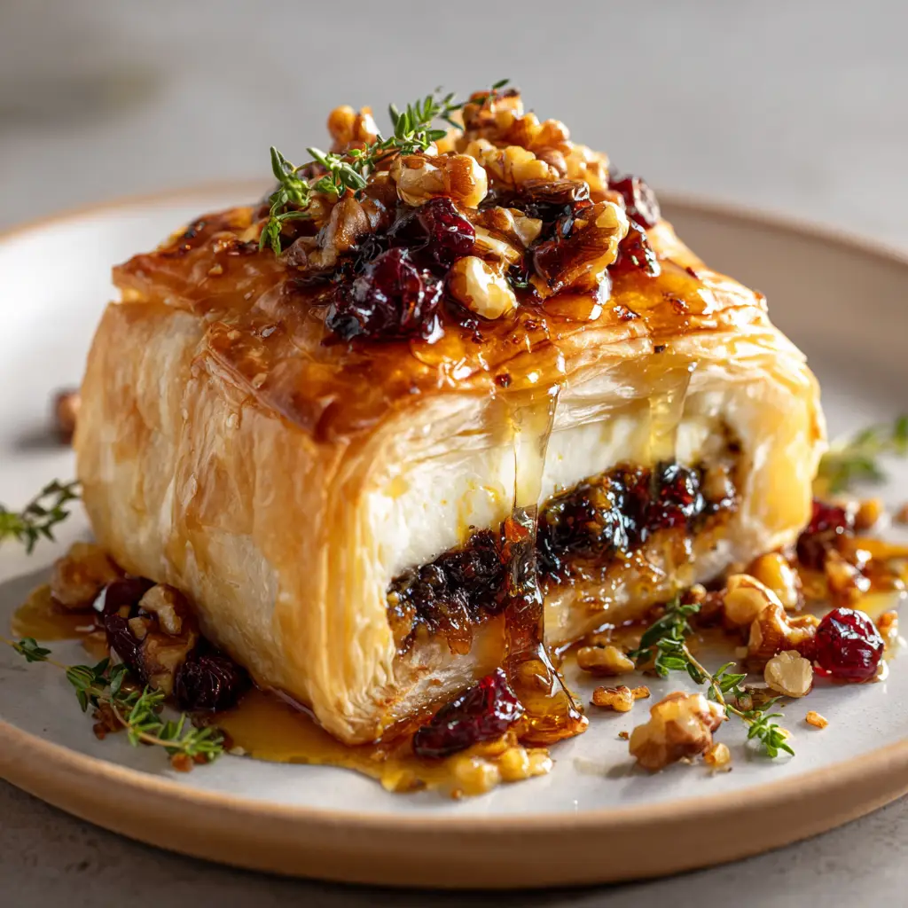 A close-up of a rectangular brie en croute, showing the golden, flaky layers of the puff pastry crust before it's served.