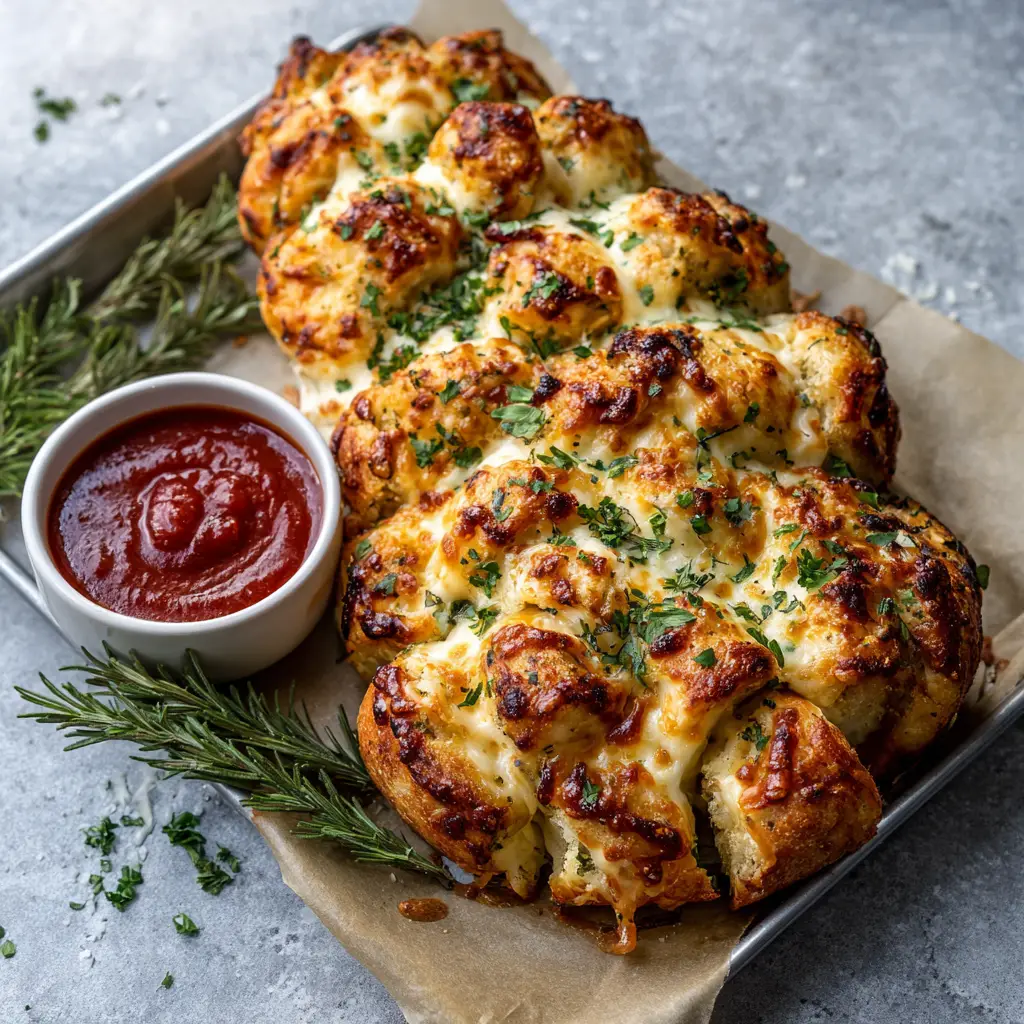 A close-up overhead view of the golden-brown, pull-apart cheesy bread shaped like a Christmas tree, ready for serving.