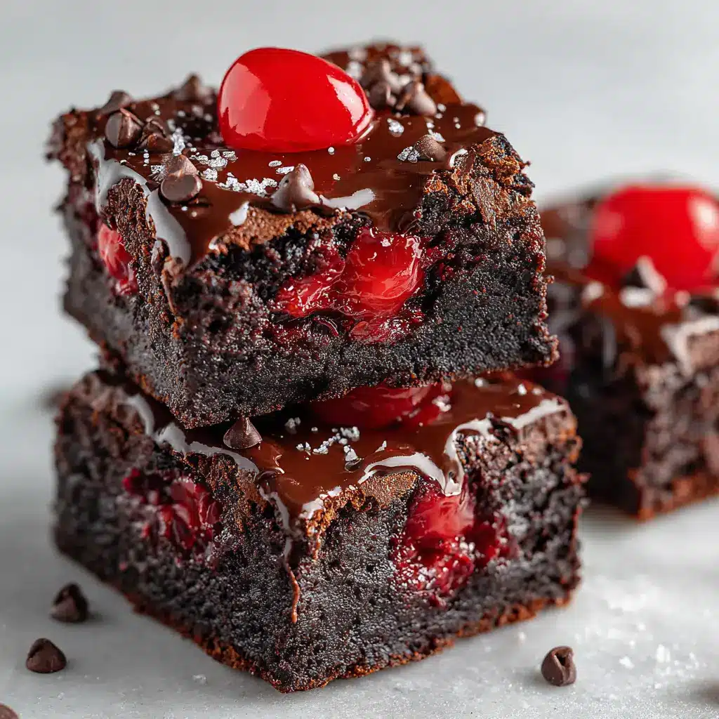Three gooey chocolate cherry brownies arranged on a rustic wooden board, with fresh cherries scattered around them.