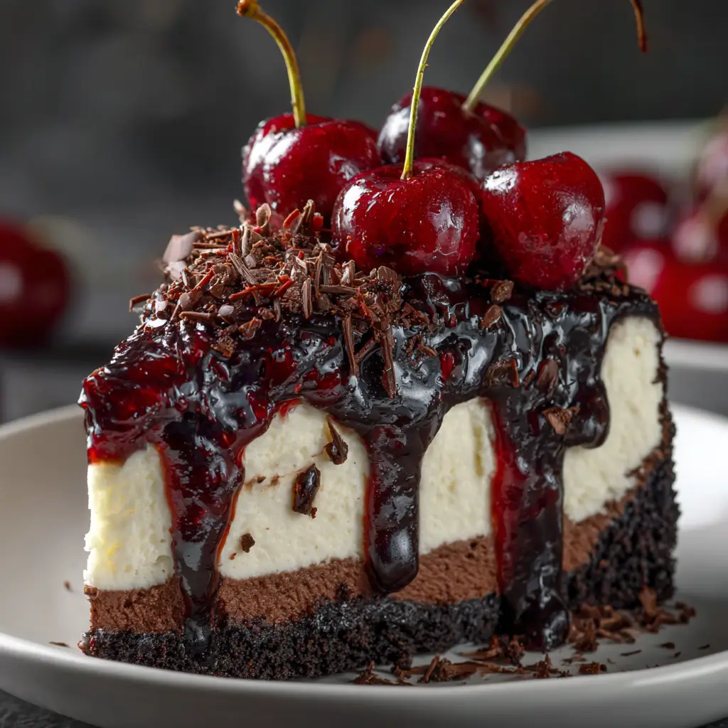 A gourmet slice of Black Forest Cheesecake being lifted from the whole cake, showing the creamy texture.