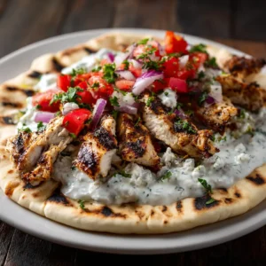 A close-up of tender, sliced Greek marinated chicken ready to be assembled into gyros.