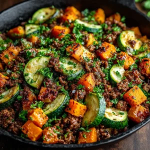 The ingredients for the healthy skillet dinner laid out, including ground beef, diced sweet potatoes, bell pepper, onion, and spices.