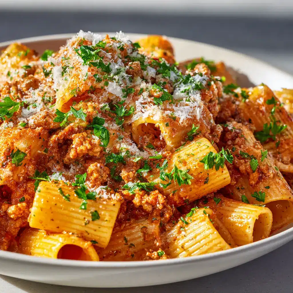 An extreme close-up of rigatoni pasta coated in a savory ground turkey and tomato sauce. You can see the texture of the ground turkey and the fresh herbs in the sauce.