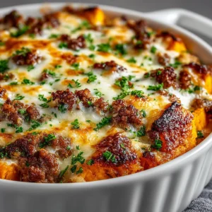 A close-up shot of the savory ground turkey and sweet potato mixture in a skillet before baking. The ingredients are vibrant and well-seasoned.