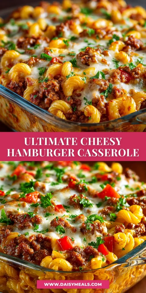 A serving of delicious Hamburger Supreme Casserole in a white bowl, topped with a creamy sour cream sauce and fresh chives. The casserole is rich and cheesy.