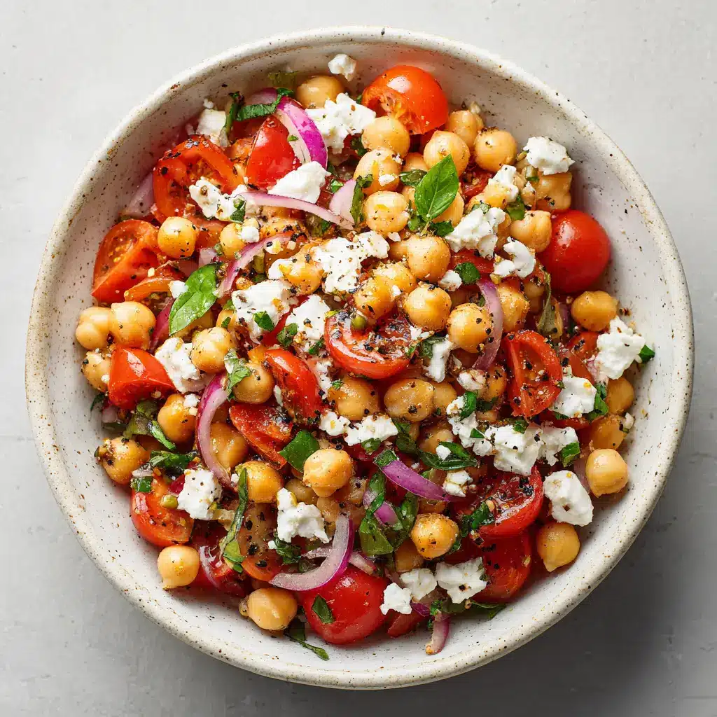 A large bowl of healthy chickpea salad with a serving spoon, ready to be enjoyed as a simple vegetarian meal.