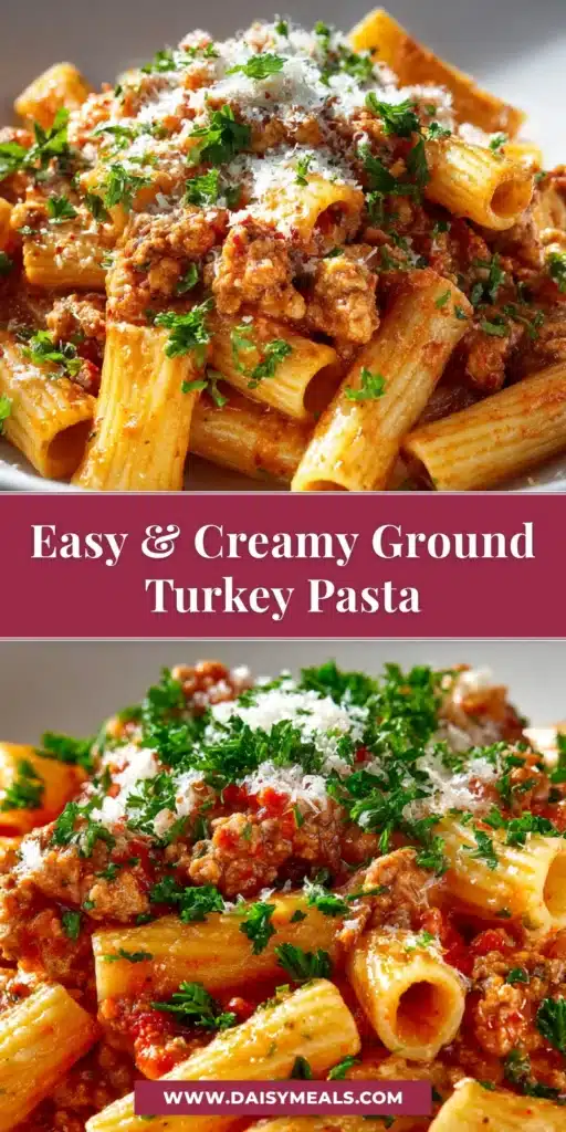 A close-up shot of a white bowl filled with delicious ground turkey pasta, garnished with fresh basil and parmesan cheese. The pasta is rigatoni in a rich red sauce.