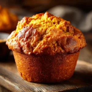 A single healthy pumpkin protein muffin on a small plate, showing the soft, tender crumb inside.