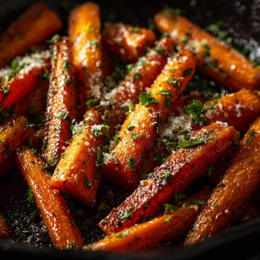 A side view of a serving bowl filled with savory roasted carrots, garnished with fresh parsley, ready to be served as a healthy side dish.