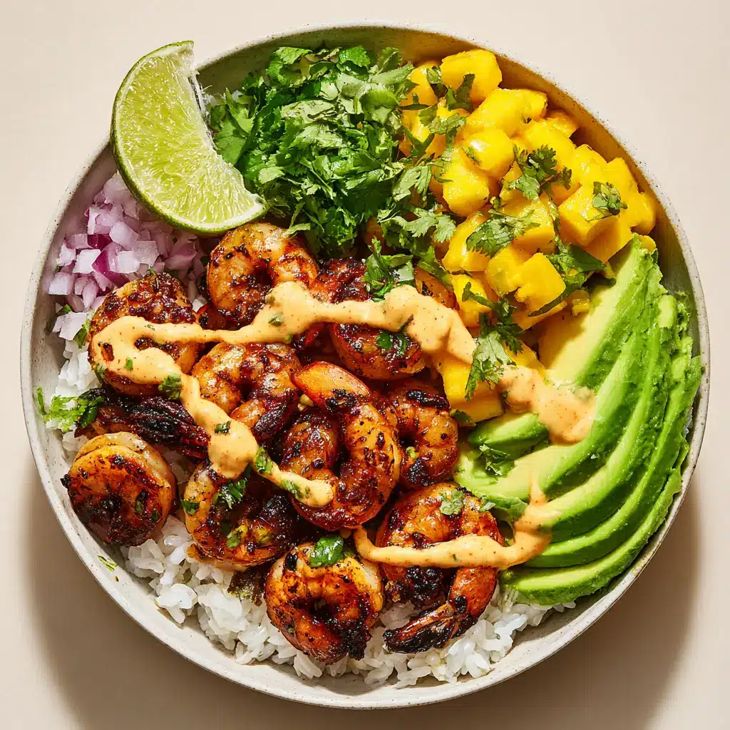 An overhead view of a healthy shrimp bowl loaded with fresh ingredients like avocado, tomatoes, and red onion.