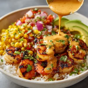 A close-up view of a healthy shrimp bowl, showcasing the juicy grilled shrimp and fresh vegetable toppings like avocado and corn.