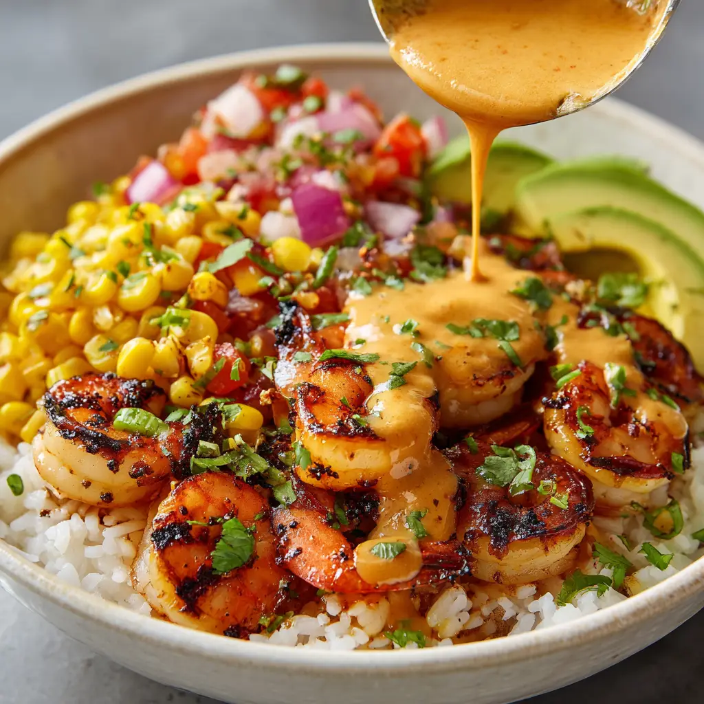 A close-up view of a healthy shrimp bowl, showcasing the juicy grilled shrimp and fresh vegetable toppings like avocado and corn.