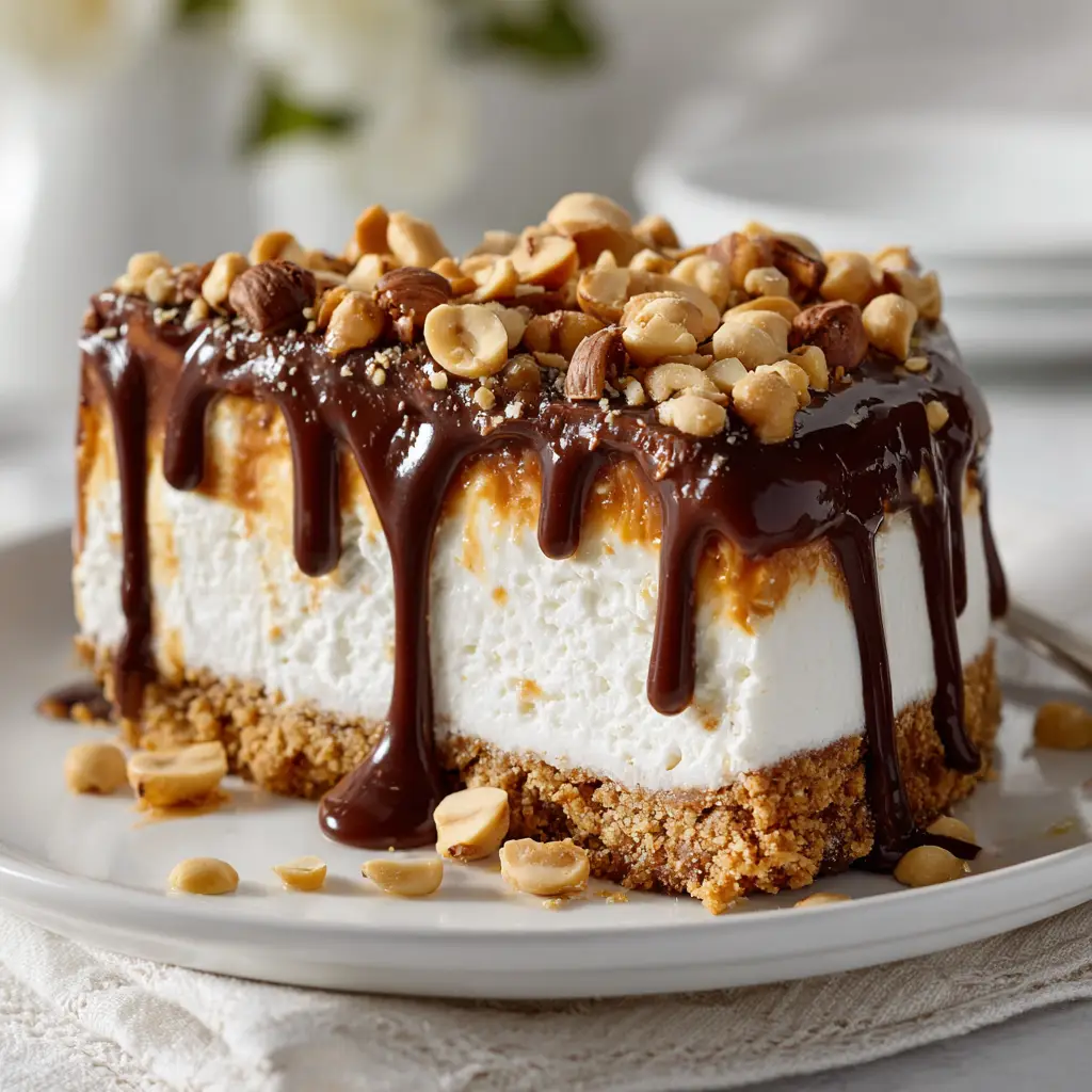 Cottage Cheese Snickers Dessert (Viral High-Protein Treat) 1 A top-down view of the Cottage Cheese Snickers Dessert being topped with roasted peanuts and a drizzle of melted dark chocolate.