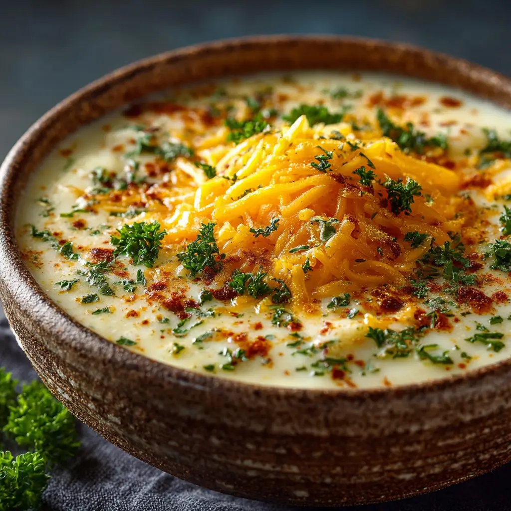 A spoonful of thick cheddar potato soup being lifted from a bowl, showing its hearty consistency.