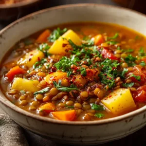 A close-up shot of a spoonful of lentil vegetable soup, showing the texture of the lentils, potatoes, carrots, and spinach. Highlights the soup's hearty ingredients.