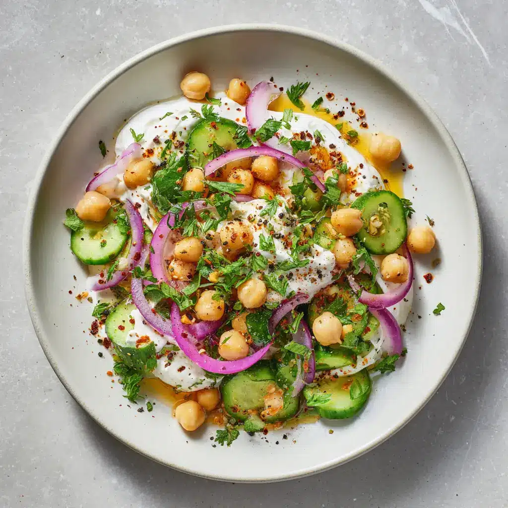A close-up shot of the high-protein chickpea salad, showing the creamy texture of the cottage cheese and the fresh crunch of celery and red onion.