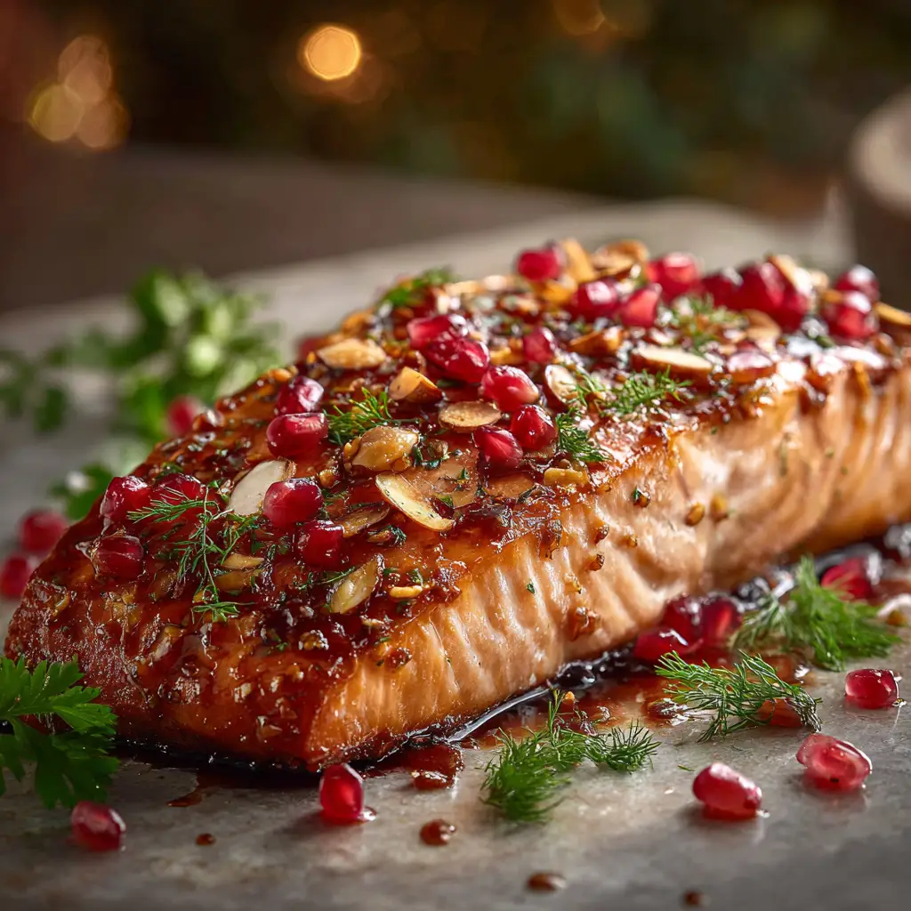 A close-up shot of the holiday baked salmon, showing the flaky texture of the fish and the rich, colorful cranberry glaze.