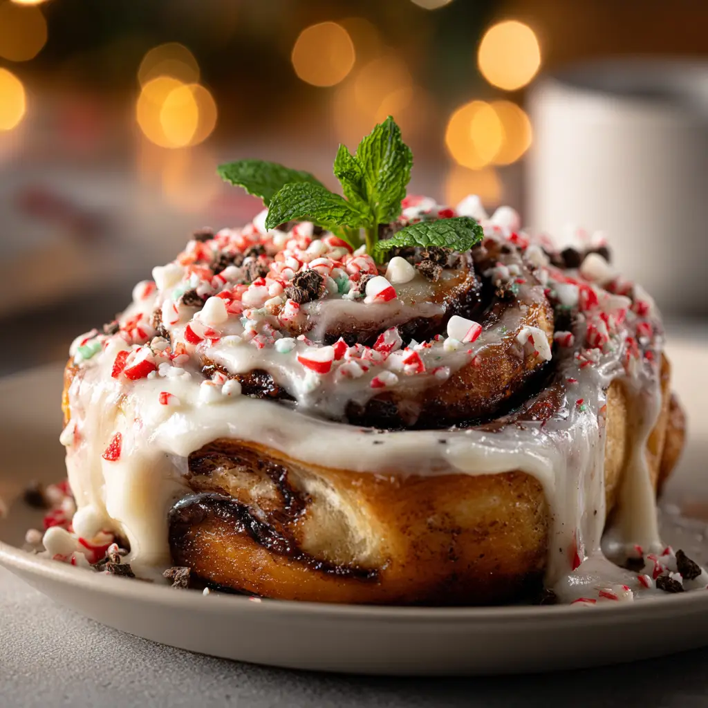 A freshly baked peppermint cinnamon bun pulled from the pan, showcasing its soft, layered interior and generous peppermint cream cheese frosting.