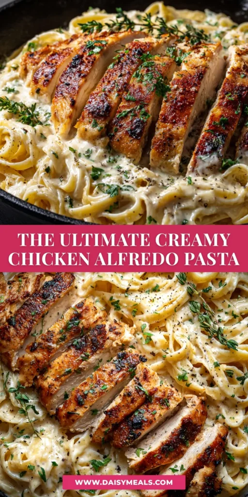 A close-up shot of creamy Homemade Chicken Alfredo in a white bowl, garnished with fresh parsley and Parmesan cheese.