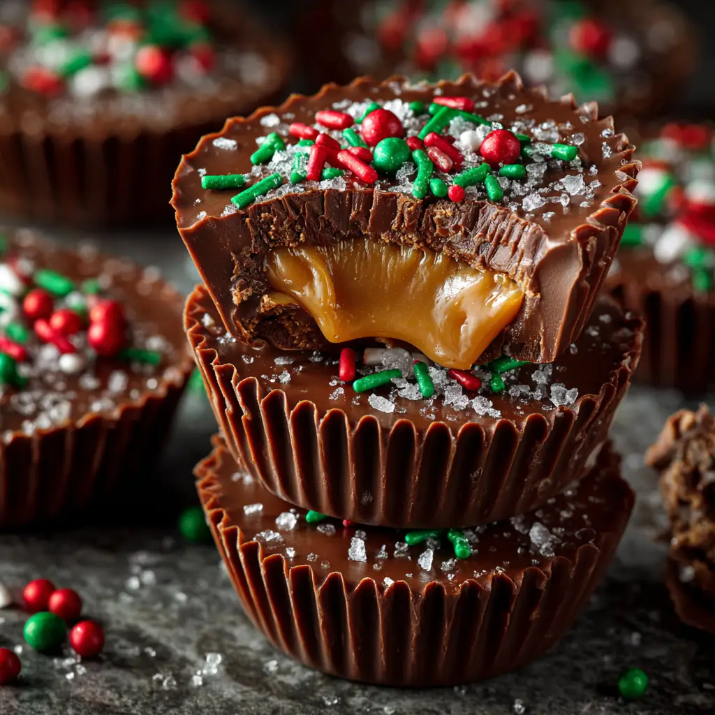 Christmas Chocolate Caramel Cups (Easy No-Bake Recipe!) 2 A close-up shot of a stack of homemade chocolate caramel cups, showing the gooey caramel center.