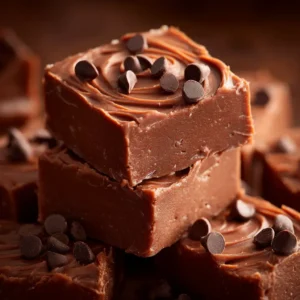 A close-up shot of a perfect square of homemade chocolate fudge with pecans, showcasing its smooth and glossy finish.
