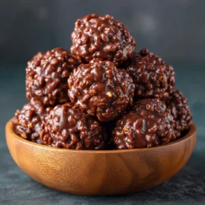 A pile of glossy, chocolate-covered rice krispie balls, highlighting their crunchy texture.