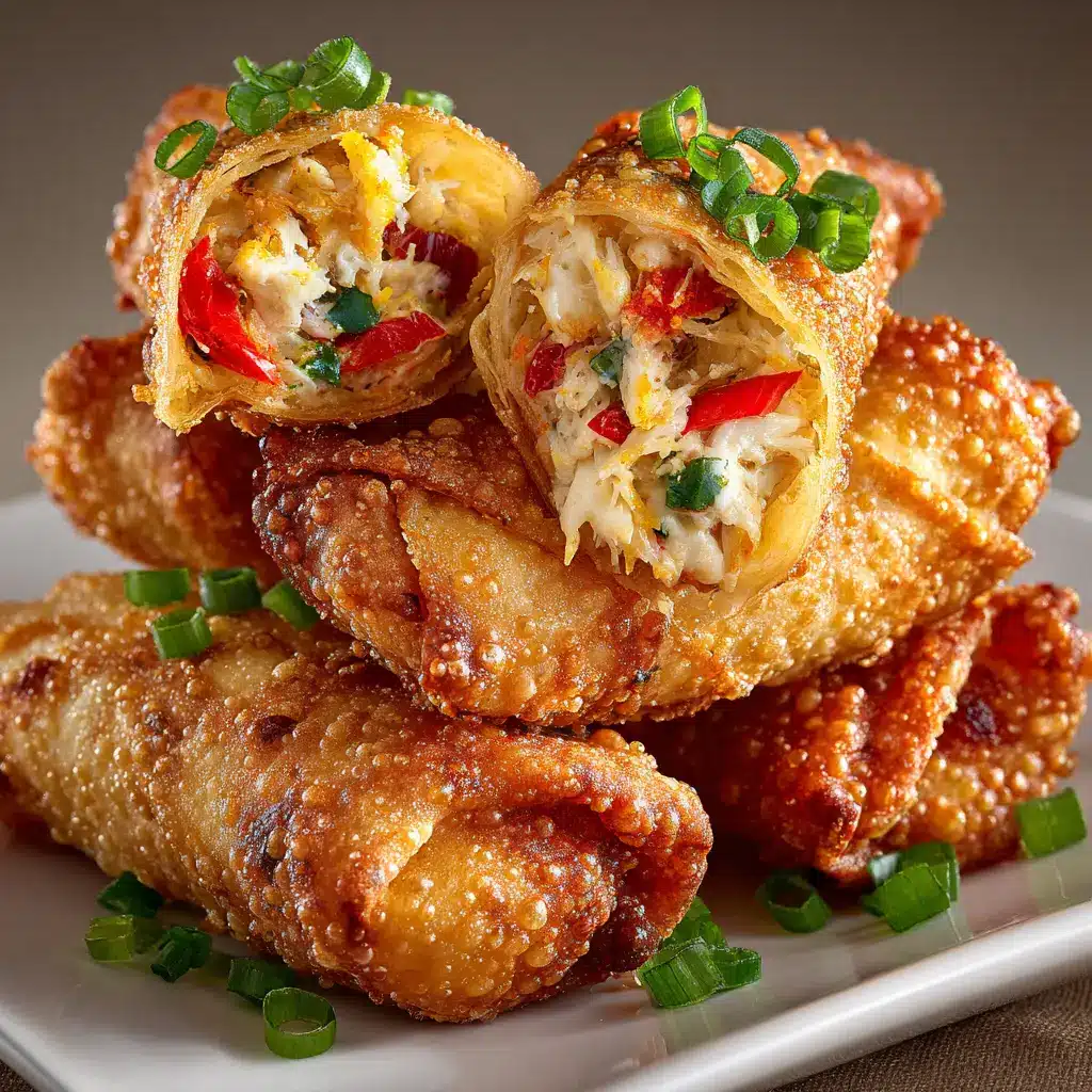 Crab Cake Egg Rolls: The Ultimate Crispy Seafood Appetizer 2 A close-up shot of several homemade crab cake egg rolls resting on a wire rack after being fried to a perfect golden brown.