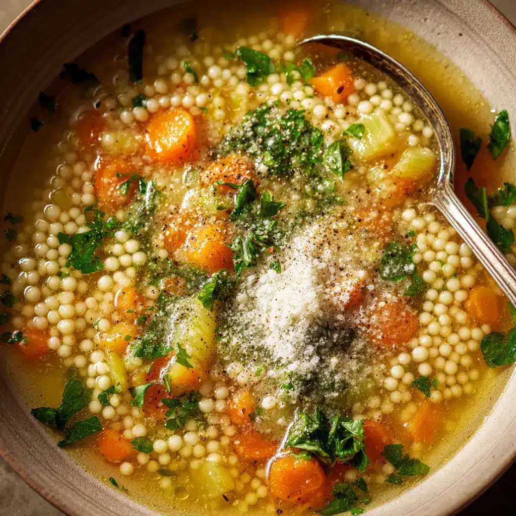 A close-up shot of a comforting bowl of homemade pastina soup in a rustic white ceramic bowl. The tiny star-shaped pasta is visible in the creamy, rich broth.