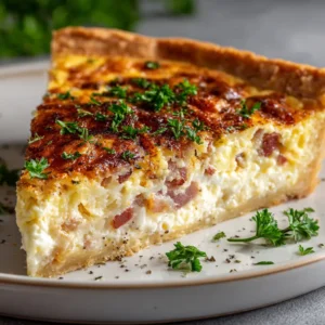 A whole, freshly baked quiche in a white pie dish, ready to be sliced. The golden-brown top and flaky crust illustrate the result of this homemade quiche recipe.