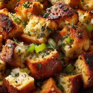 A baking dish filled with homemade Thanksgiving stuffing before being baked, showing the mixture of bread cubes, herbs, and vegetables.