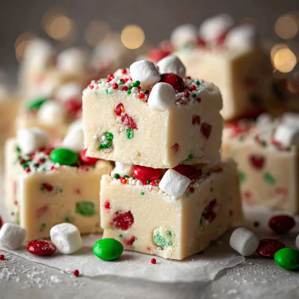 White Chocolate Marshmallow Fudge: The Easiest, Creamiest Recipe 1 A lifestyle shot of several squares of white chocolate marshmallow fudge arranged neatly on a serving platter.