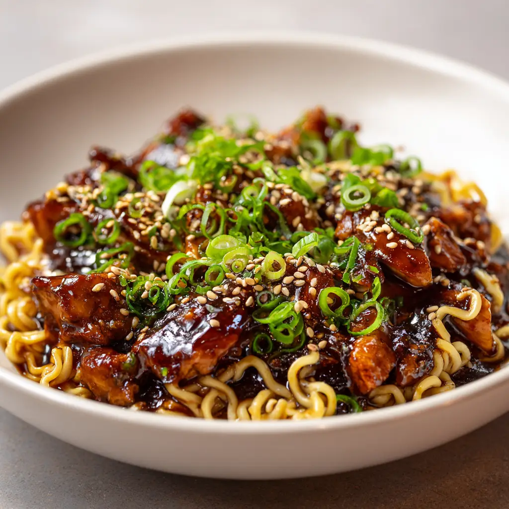 A close-up shot of sticky garlic chicken noodles being twirled on a fork, showing the glossy sauce coating every noodle.