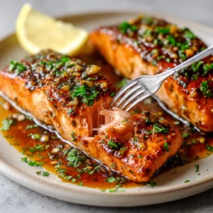 Two cooked honey garlic salmon fillets shown on a plate with a side of asparagus, highlighting a healthy salmon dinner.