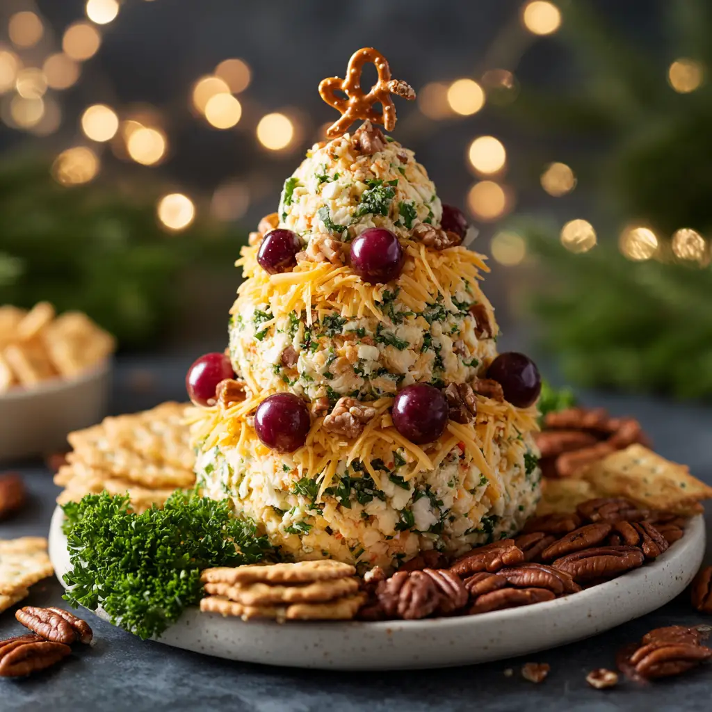 The completed Christmas Tree Cheese Ball appetizer ready to be served with an assortment of crackers and fresh vegetables.