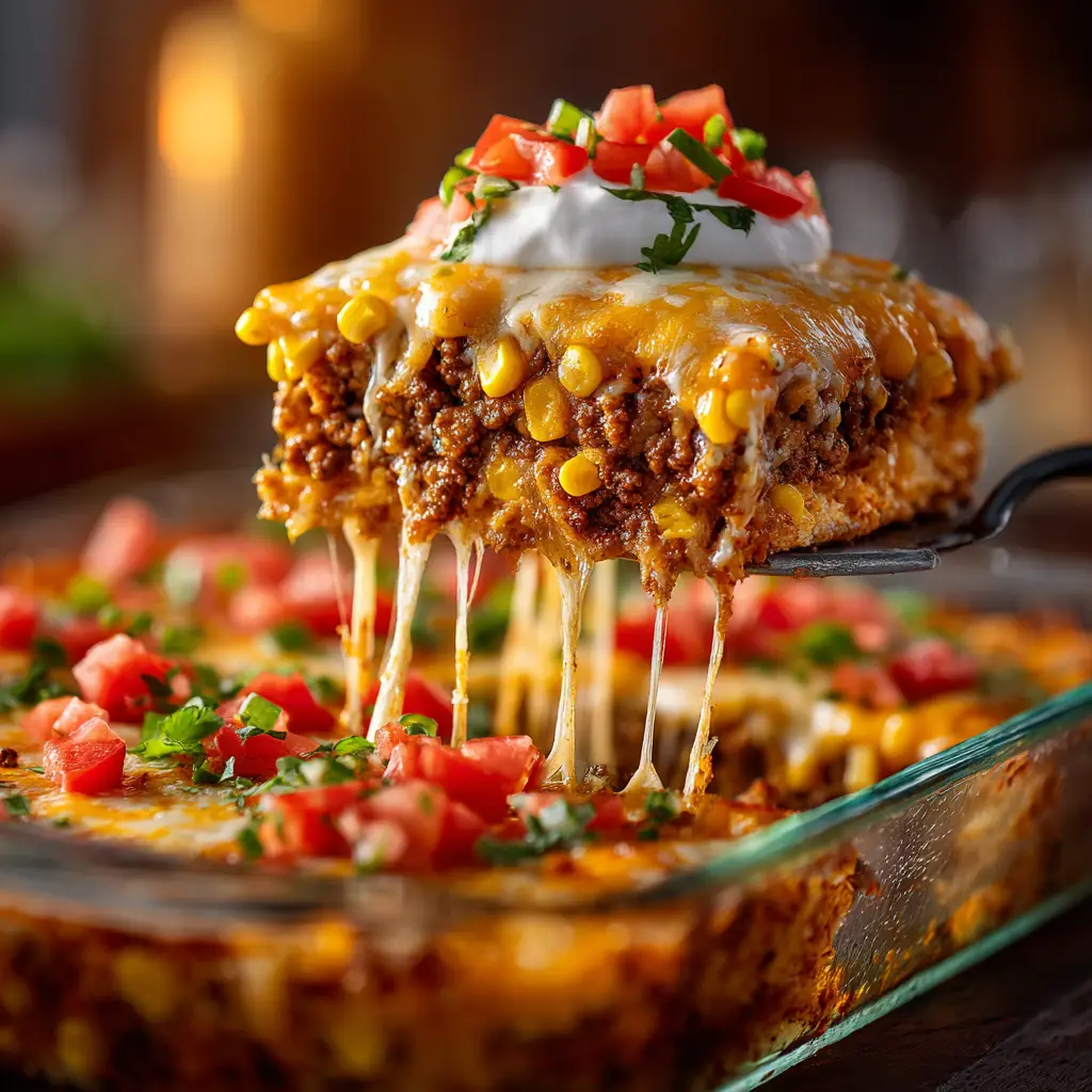 Taco Casserole Recipe (The Ultimate Crowd-Pleaser) 1 The process of assembling the taco bake, showing the seasoned ground beef being spread over a layer of tortilla chips in a casserole dish.