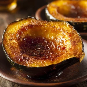 Two halves of a raw acorn squash after being cut and deseeded, ready for seasoning. This shows how to prepare acorn squash for roasting.