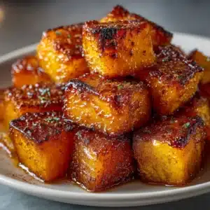 A close-up shot showing seasoned butternut squash cubes spread on a baking sheet before roasting, illustrating a key step in how to roast butternut squash.