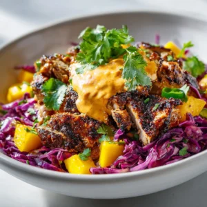 A close-up of the spicy jerk chicken and pineapple salsa in the bowl, highlighting the fresh Caribbean flavors.